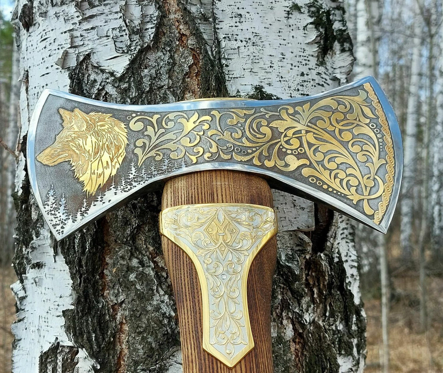 Hand-Forged Brass Filling Wolf Double Head Viking Axe With Cover