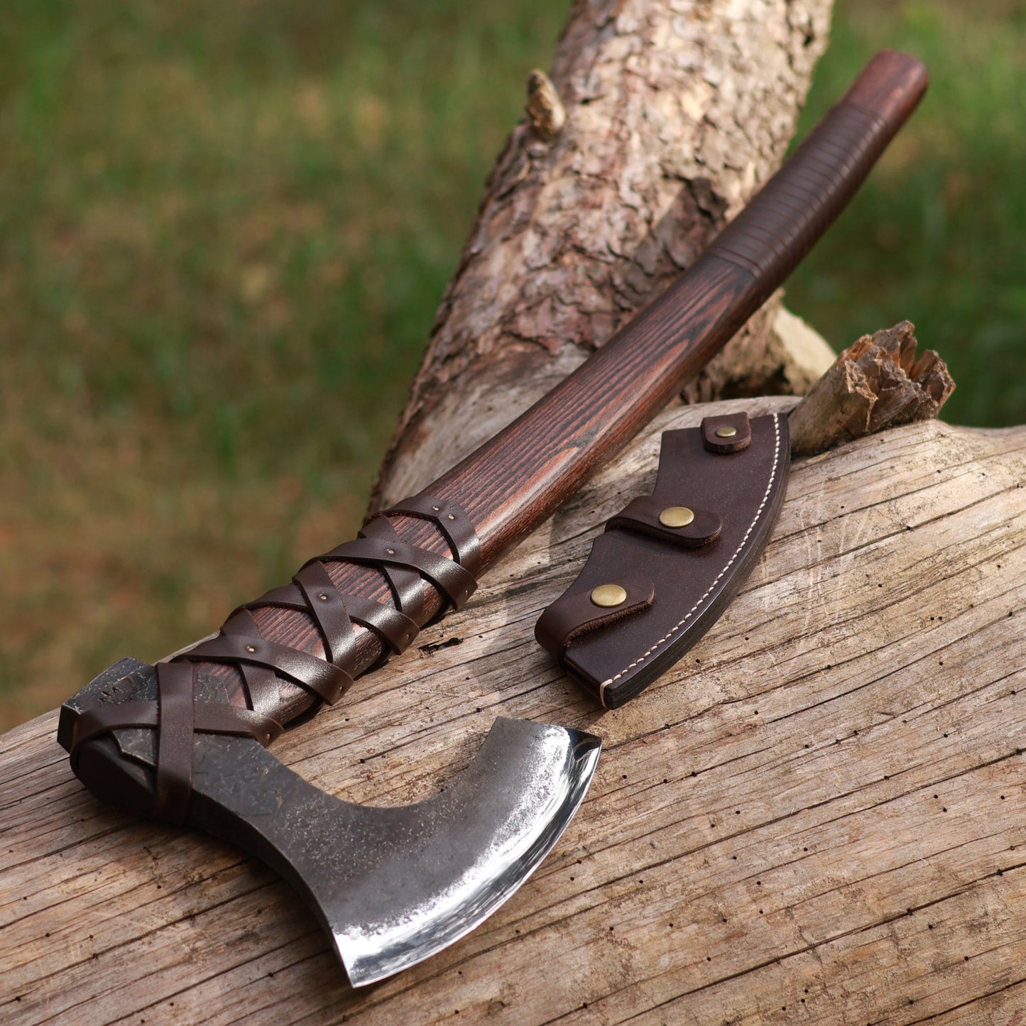 Viking long axe "Ragnar Lodbrok" with carving handle and leather wrap