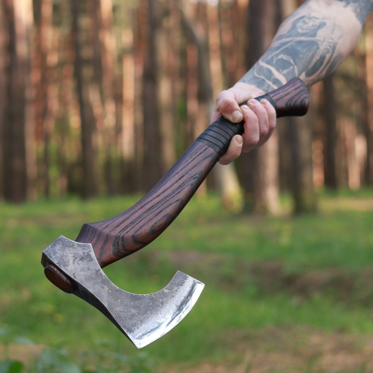 Hand forged Viking axe "Svart barbar" with carved handle