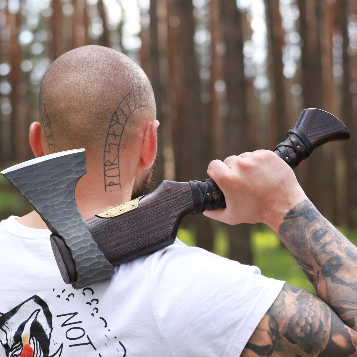Hand Forged Viking Axe "Veles" with leather wrap on the handle