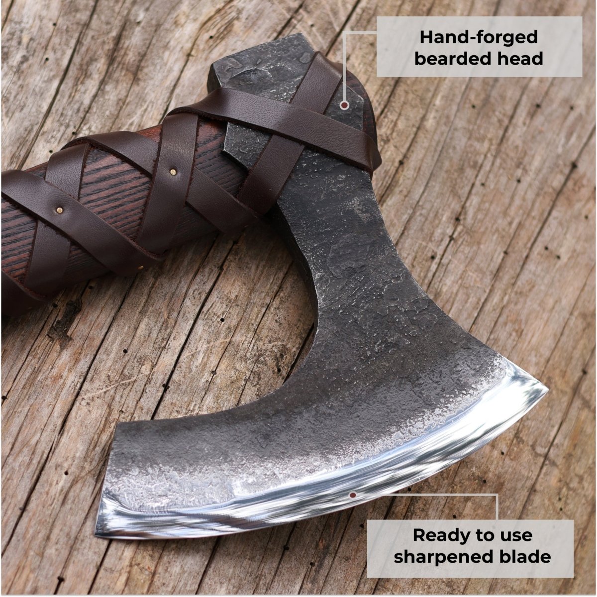 Viking long axe "Ragnar Lodbrok" with carving handle and leather wrap