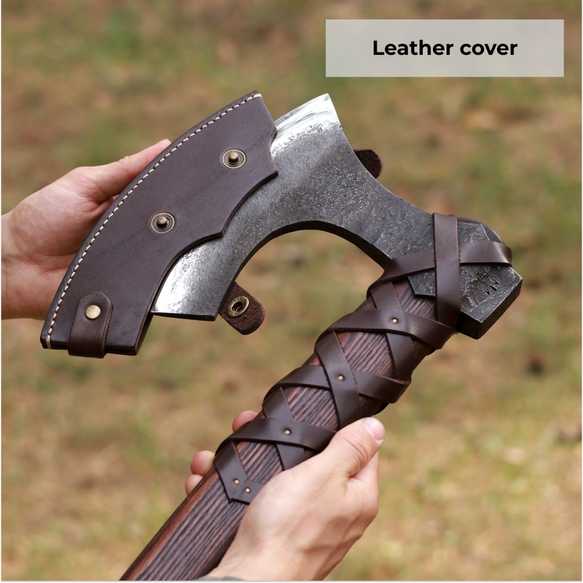 Viking long axe "Ragnar Lodbrok" with carving handle and leather wrap