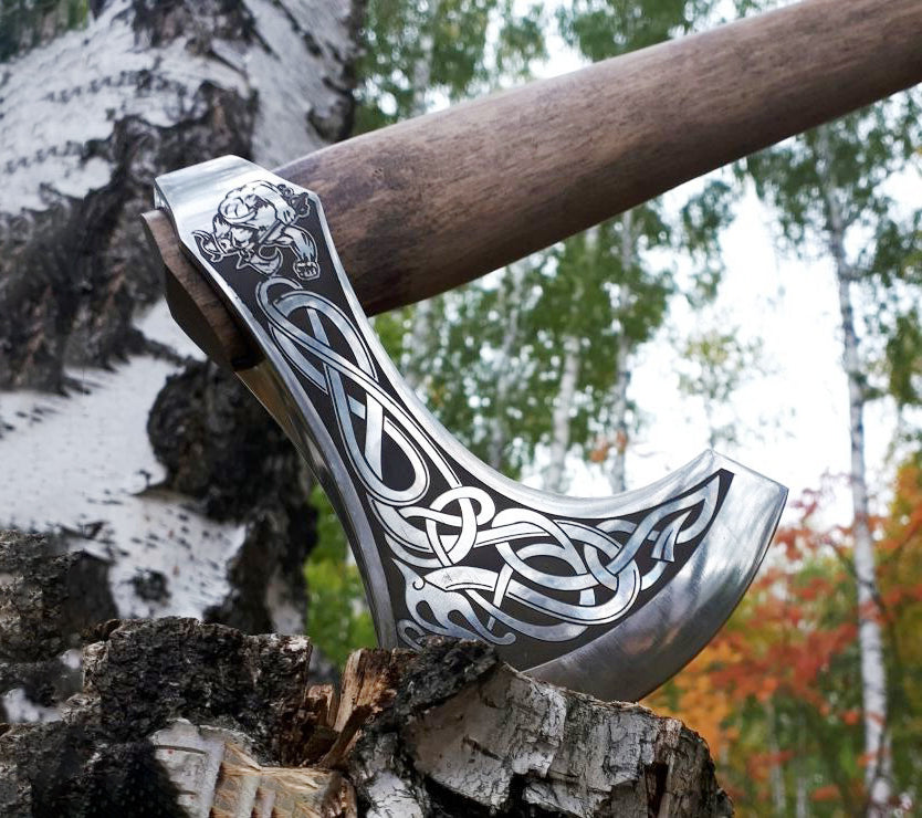 Hand-Forged Fenrir with Viking Warrior Viking Axe With Leather Cover