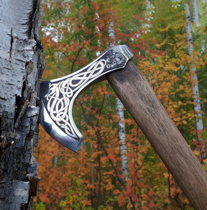 Hand-Forged Fenrir with Viking Warrior Viking Axe With Leather Cover