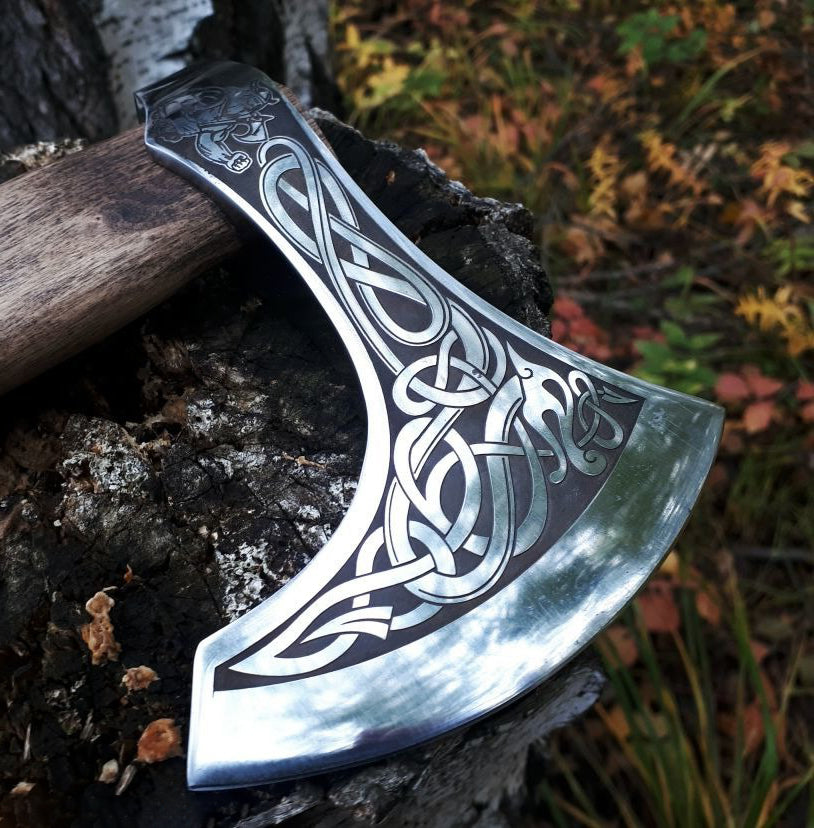 Hand-Forged Fenrir with Viking Warrior Viking Axe With Leather Cover