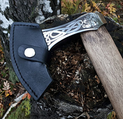 Hand-Forged Fenrir with Viking Warrior Viking Axe With Leather Cover