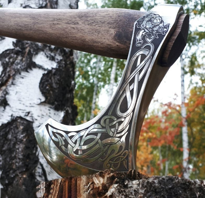 Hand-Forged Fenrir with Viking Warrior Viking Axe With Leather Cover