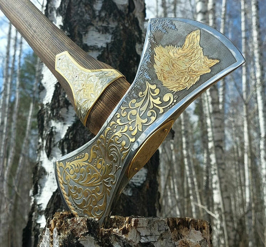 Hand-Forged Brass Filling Wolf Double Head Viking Axe With Cover