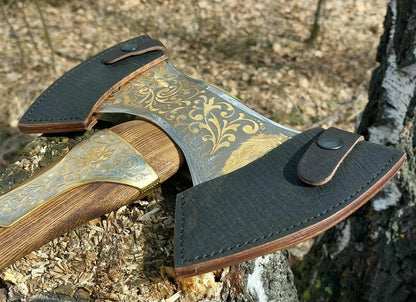 Hand-Forged Brass Filling Wolf Double Head Viking Axe With Cover