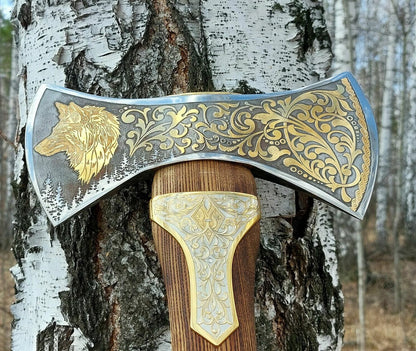 Hand-Forged Brass Filling Wolf Double Head Viking Axe With Cover