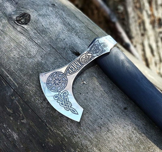 Handmade Slavic Sun With Fenrir Viking Axe With Leather Cover