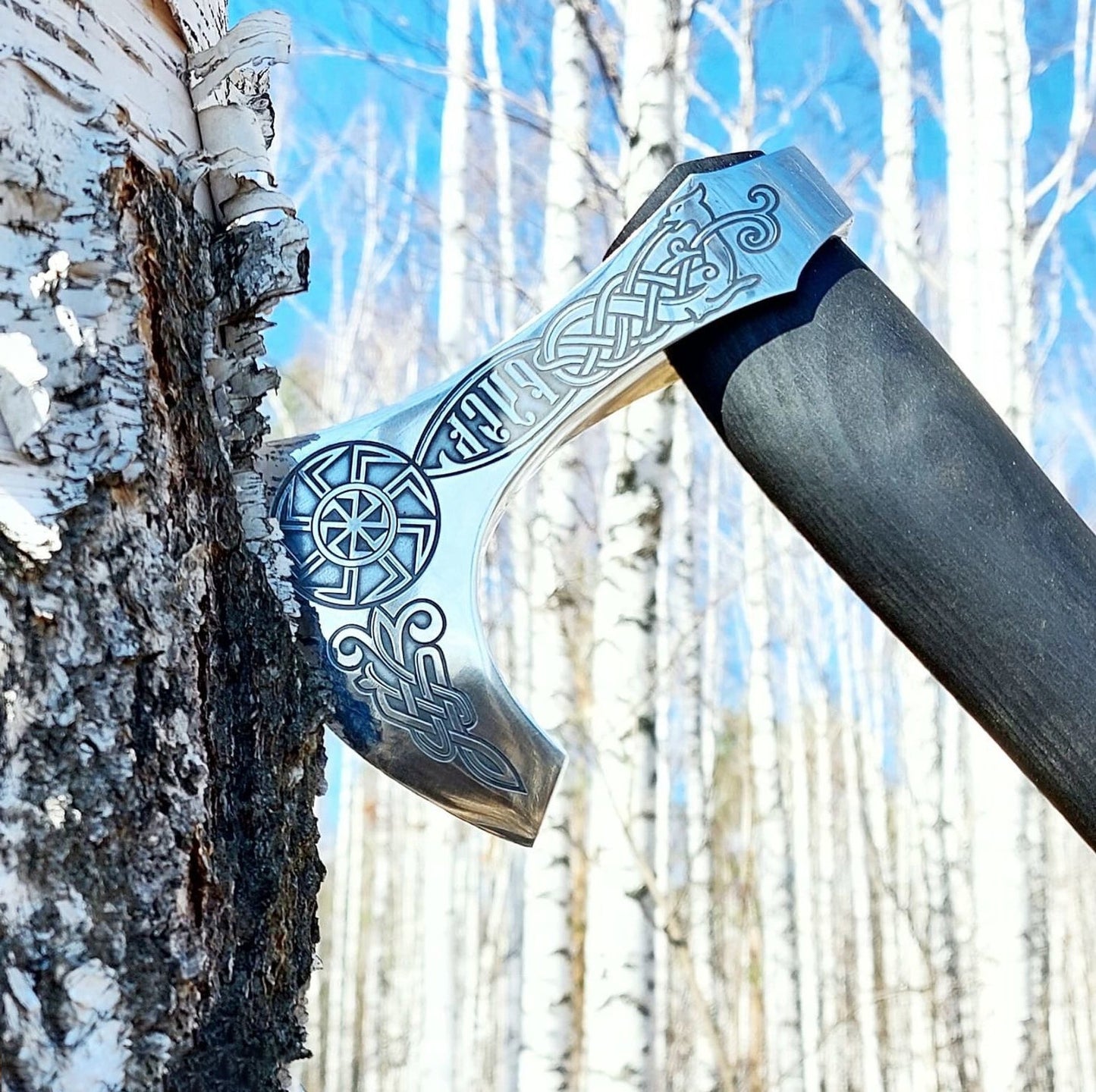 Handmade Slavic Sun With Fenrir Viking Axe With Leather Cover