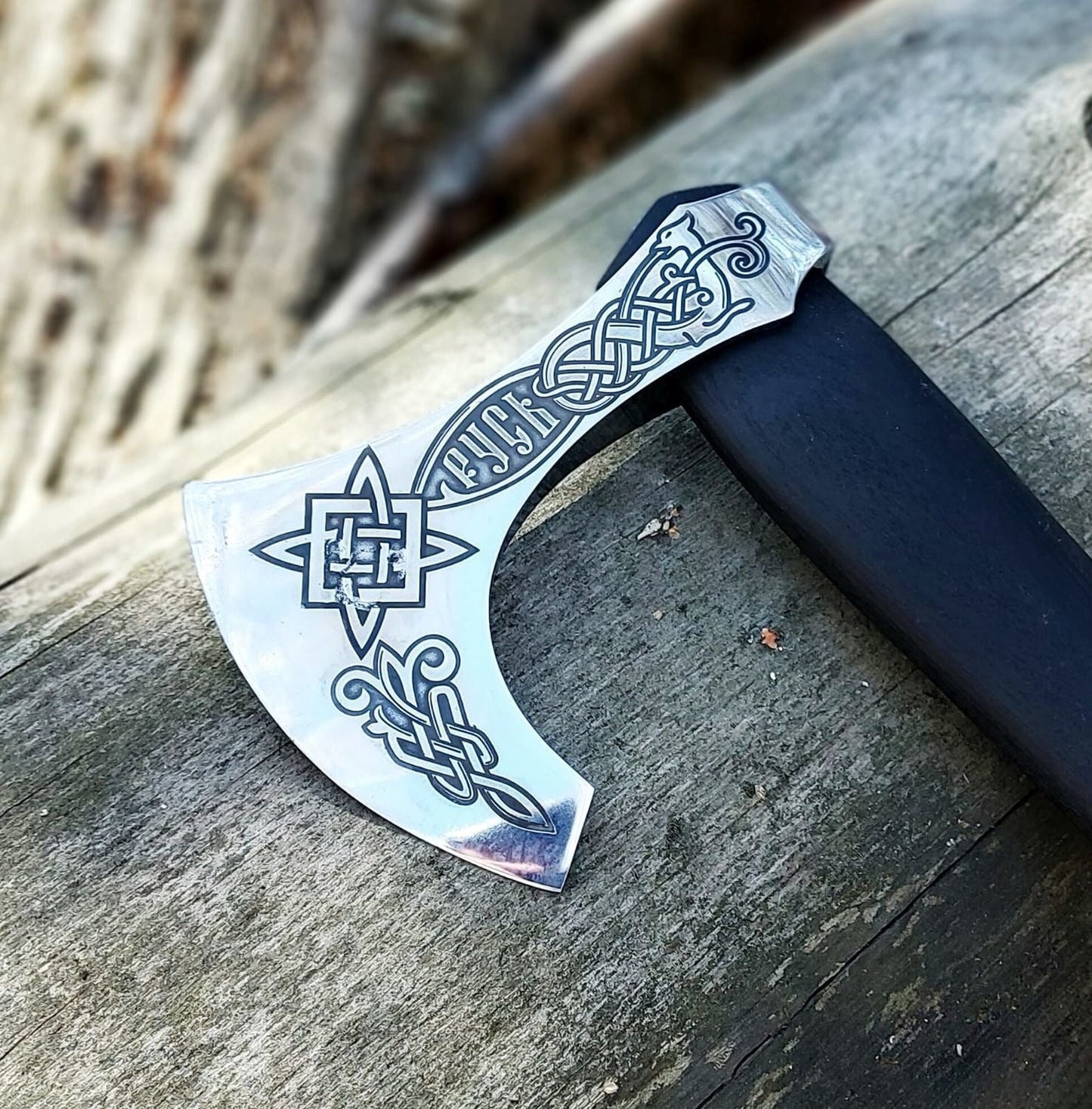 Handmade Slavic Sun With Fenrir Viking Axe With Leather Cover