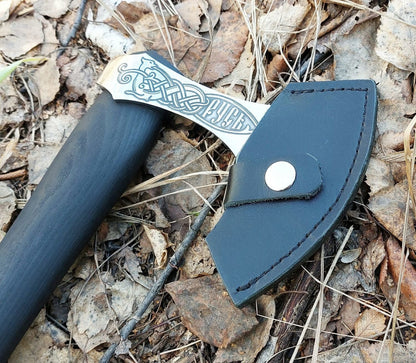 Handmade Slavic Sun With Fenrir Viking Axe With Leather Cover