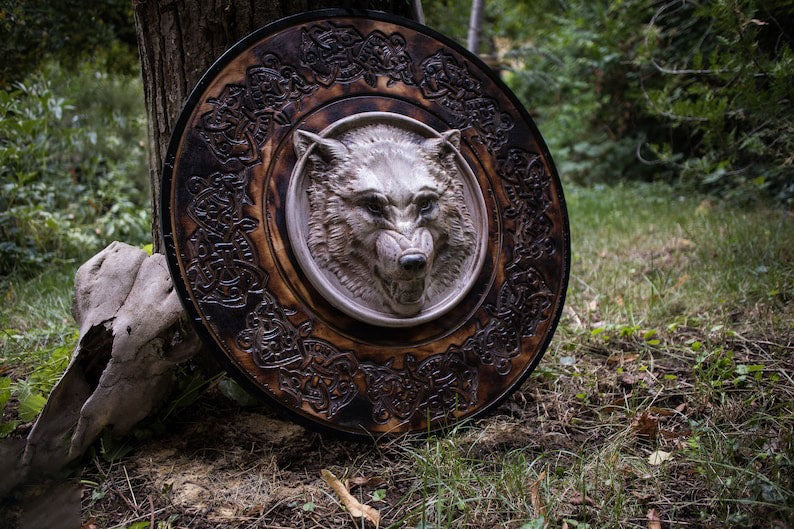 Carved Head Viking White Wolf Head Viking Shield
