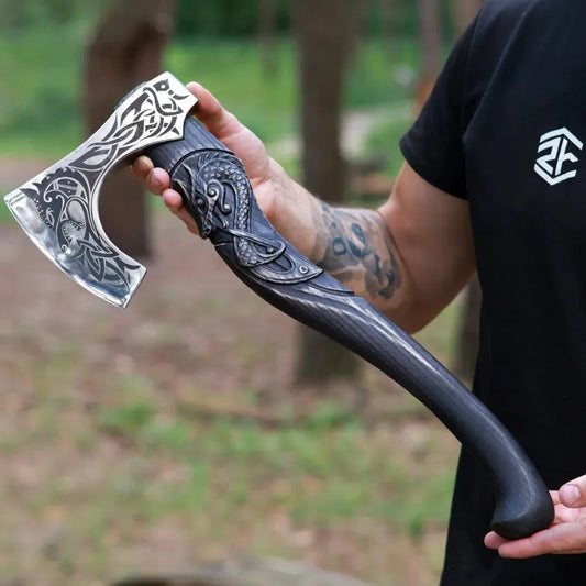 Hand-forged hardened bearded viking axe "Fenrisulfr" with carved handle