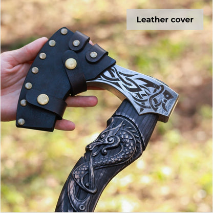 Hand-forged hardened bearded viking axe "Fenrisulfr" with carved handle