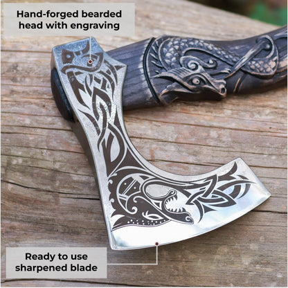 Hand-forged hardened bearded viking axe "Fenrisulfr" with carved handle