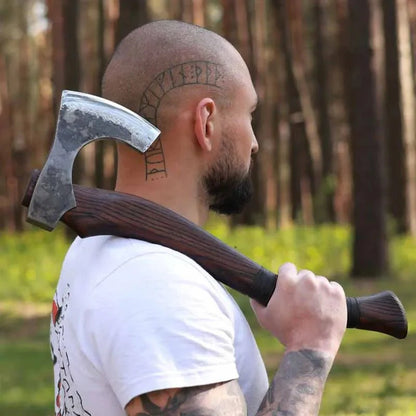 Hand forged Viking axe "Svart barbar" with carved handle