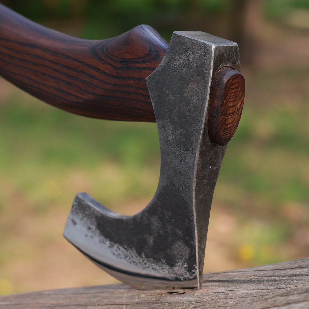 Hand forged Viking axe "Svart barbar" with carved handle