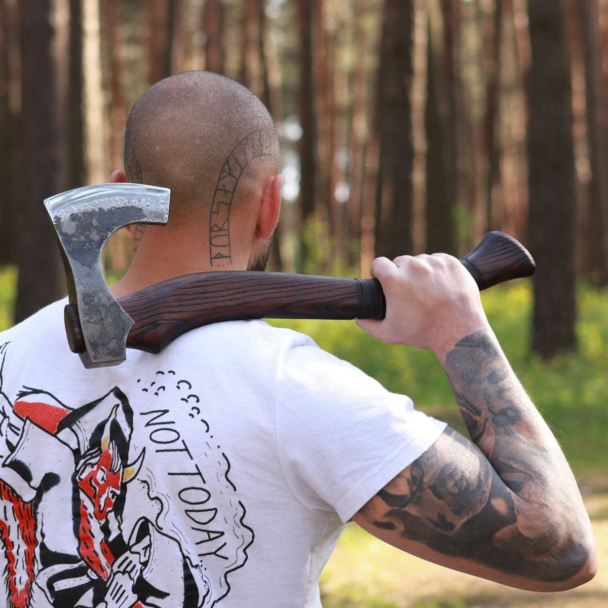 Hand forged Viking axe "Svart barbar" with carved handle