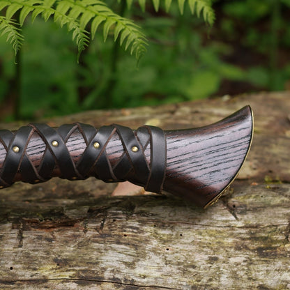 Hand Forged Viking Axe "Veles" with leather wrap on the handle