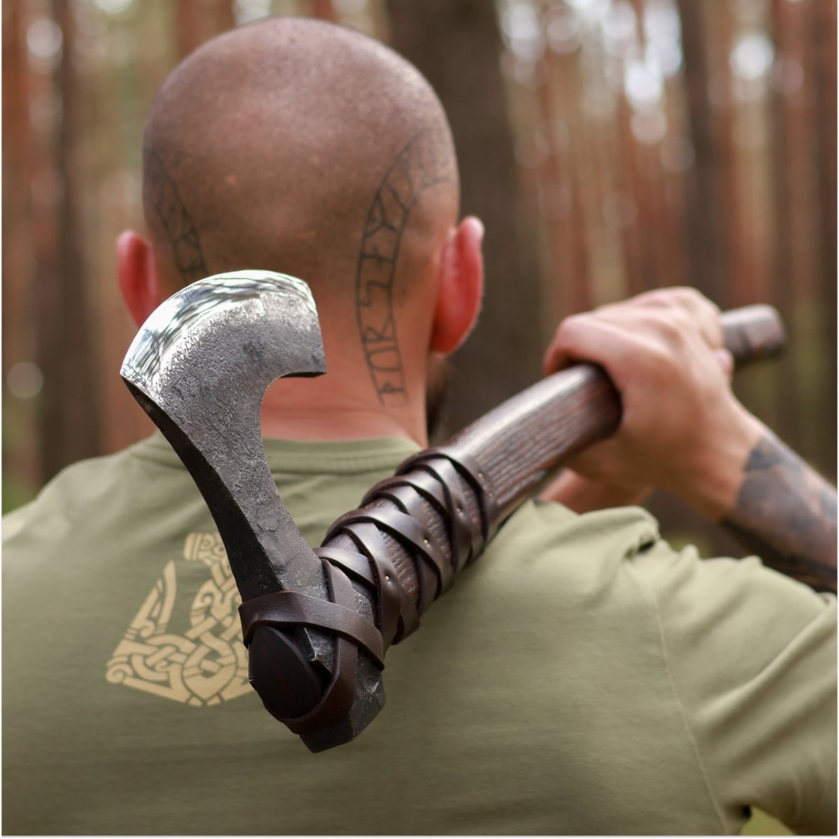 Viking long axe "Ragnar Lodbrok" with carving handle and leather wrap