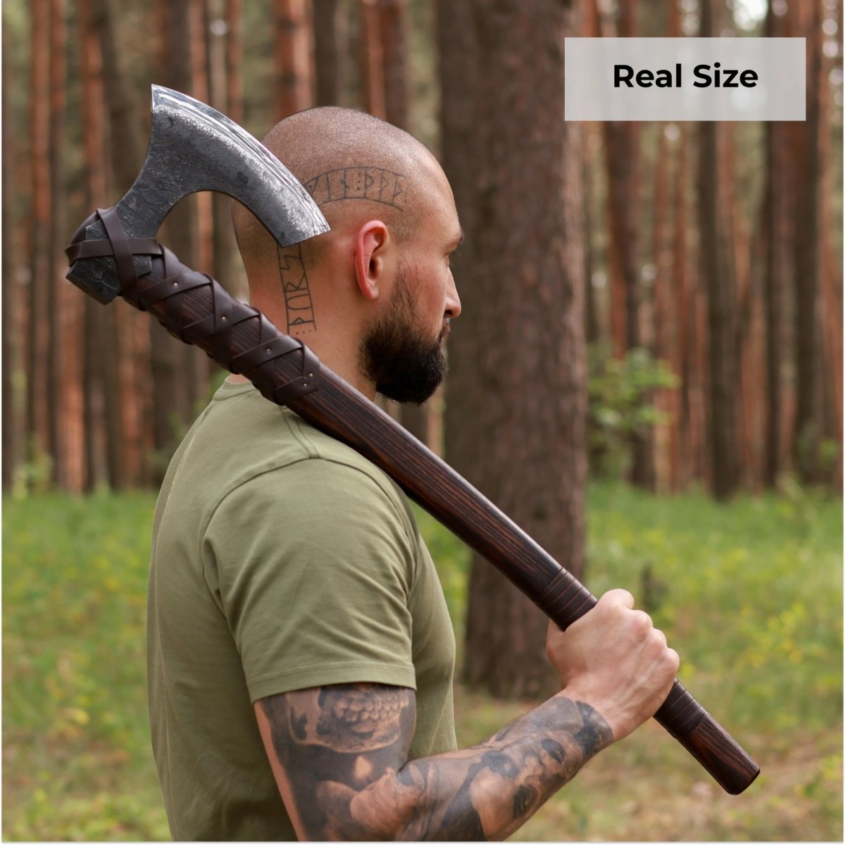 Viking long axe "Ragnar Lodbrok" with carving handle and leather wrap