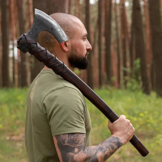 Viking long axe "Ragnar Lodbrok" with carving handle and leather wrap